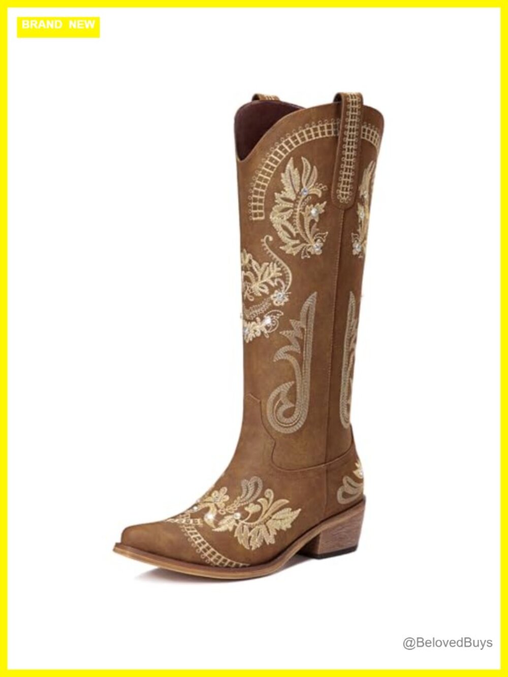 Western Cowgirl Boots Knee High Faux Leather Rhinestone Embroidered